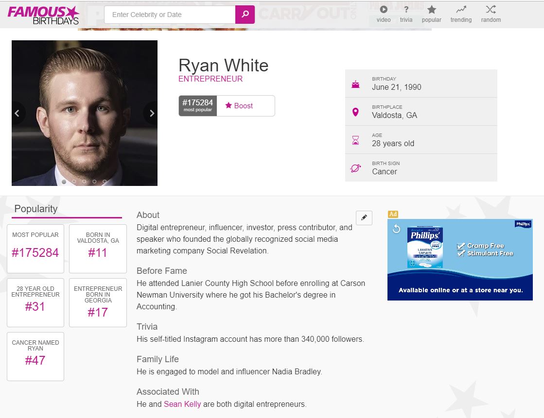Entrepreneur Ryan White featured in Famous Birthdays